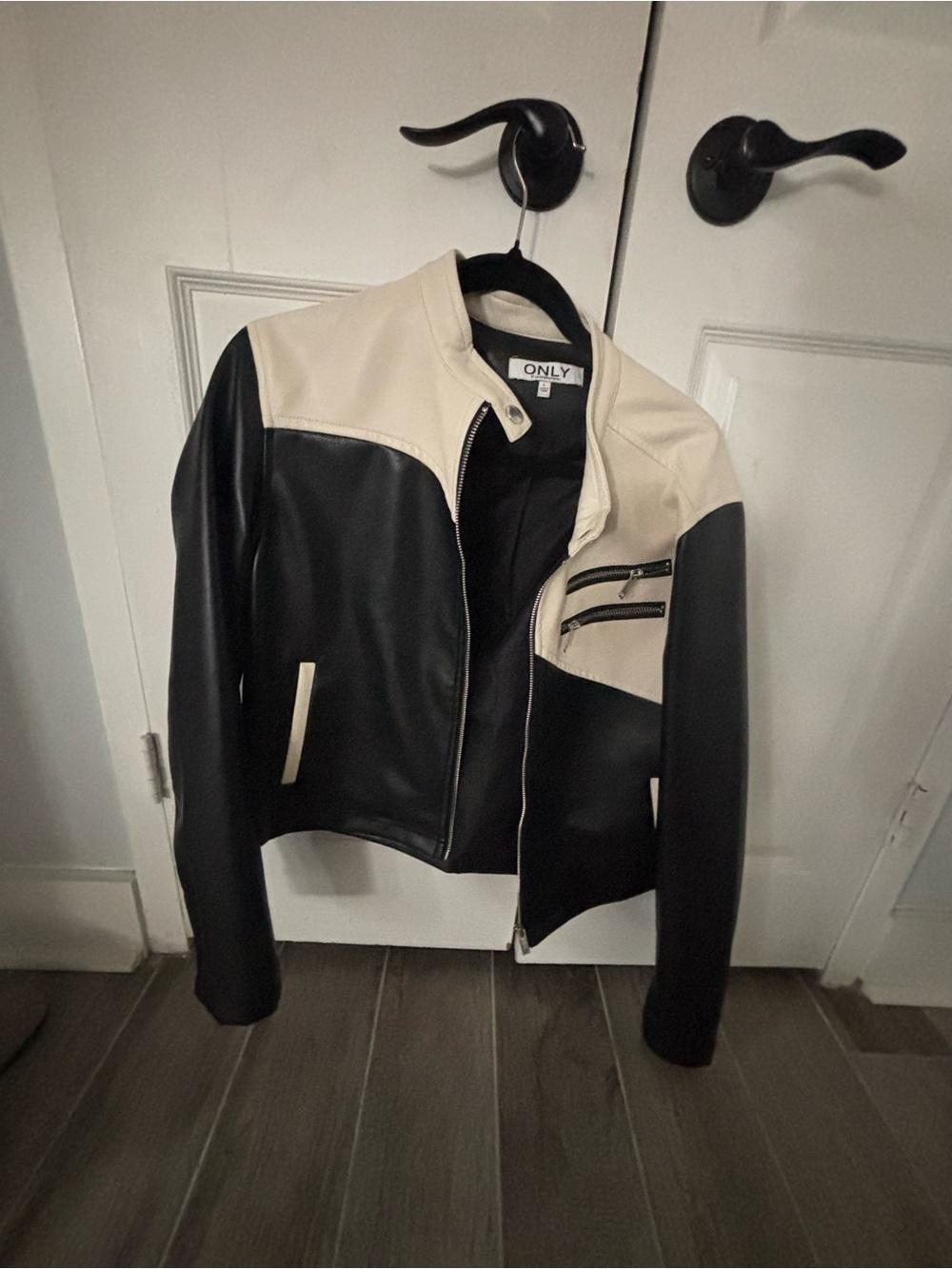 ONLY Black and Cream Faux Leather Moto Jacket